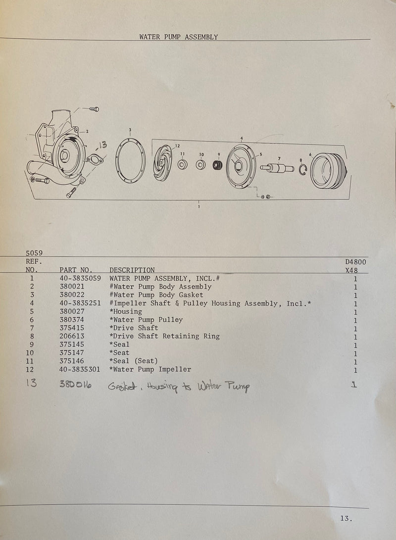 40-3835254 Water pump for D4800, D5000 Hercules industrial engines. ($300.00 refundable core charge included in the cost)