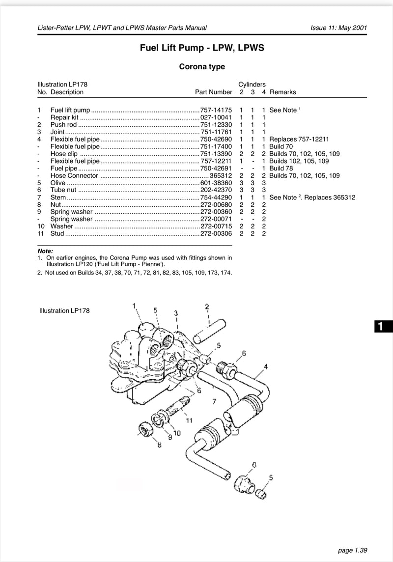 757-14175 Fuel Lift Pump, Lister Petter used in the Alpha series engines.