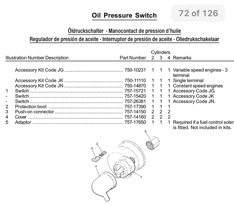 757-26381 oil pressure switch, used on the LPA, LPW/S Lister Petter engines.
