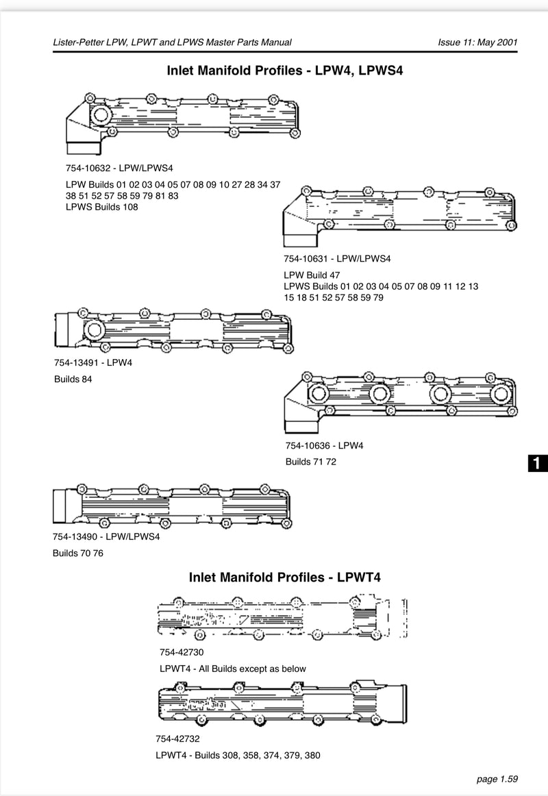 Lister Petter Intake manifold 754-10636, this manifold fits the LPW/S 4 cylinder model engine only
